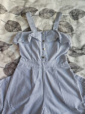 Linen Striped Ruffle Blue and White Wide Leg Jumpsuit